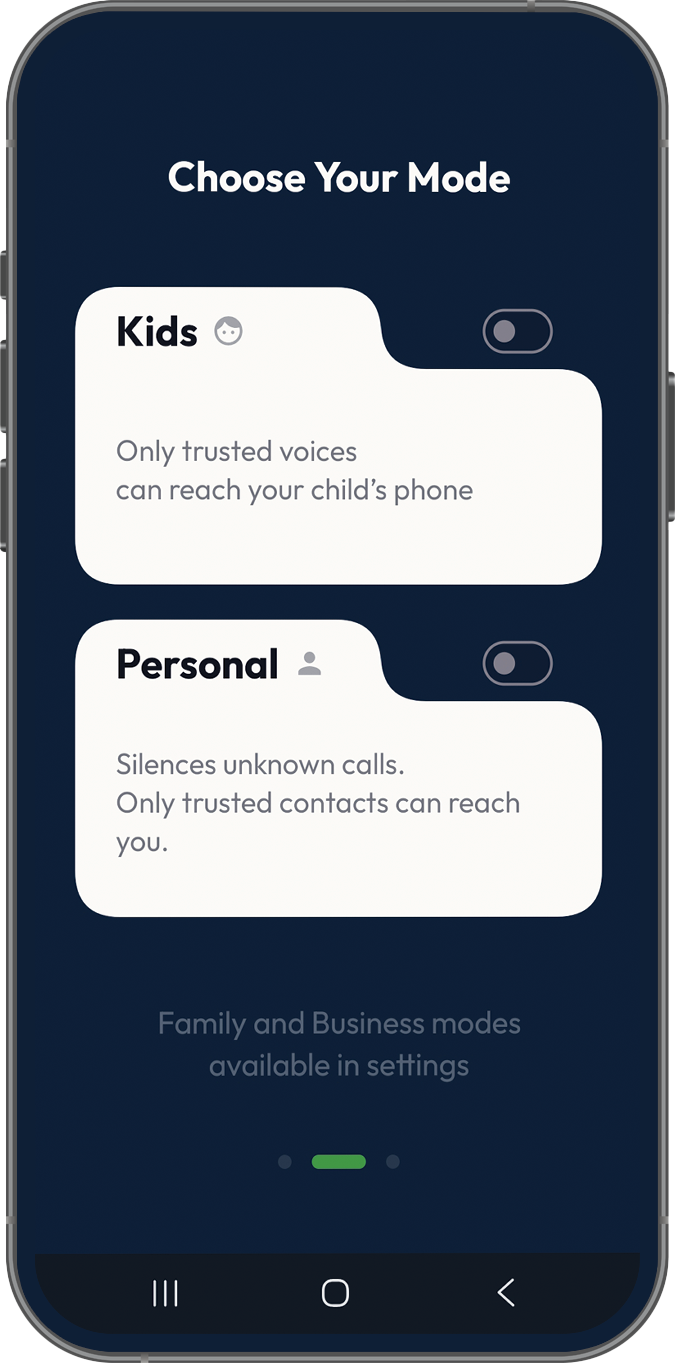 QuietGuard on Android: choose your mode, Kids or Personal